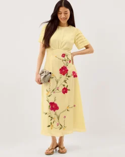 Jocelyn Floral Embroidered Midi Dress Yellow