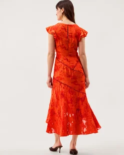 Josie Jacquard Floral Midi Dress Orange