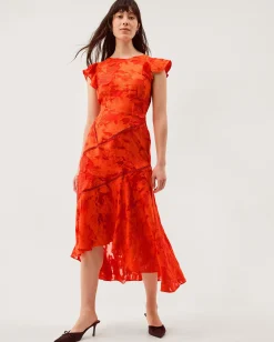 Josie Jacquard Floral Midi Dress Orange