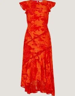 Josie Jacquard Floral Midi Dress Orange