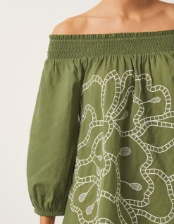 Julie Embroidered Bardot Top Green
