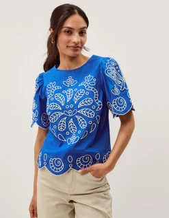 Keira Short Sleeve Embroidered Top Blue