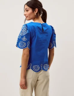 Keira Short Sleeve Embroidered Top Blue