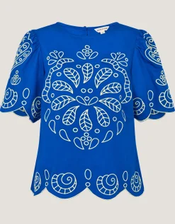 Keira Short Sleeve Embroidered Top Blue