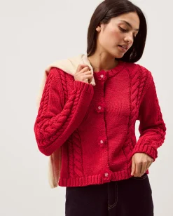 Kelly Flower Button Cable Knit Cardigan Red