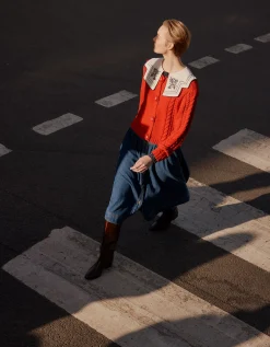 Kelly Flower Button Cable Knit Cardigan Red