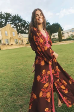Koa Long Sleeve Floral Midi Dress Red