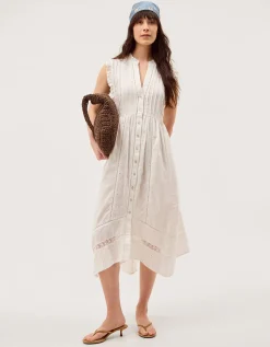 Lacy Sleeveless Handkerchief Midi Dress Ivory