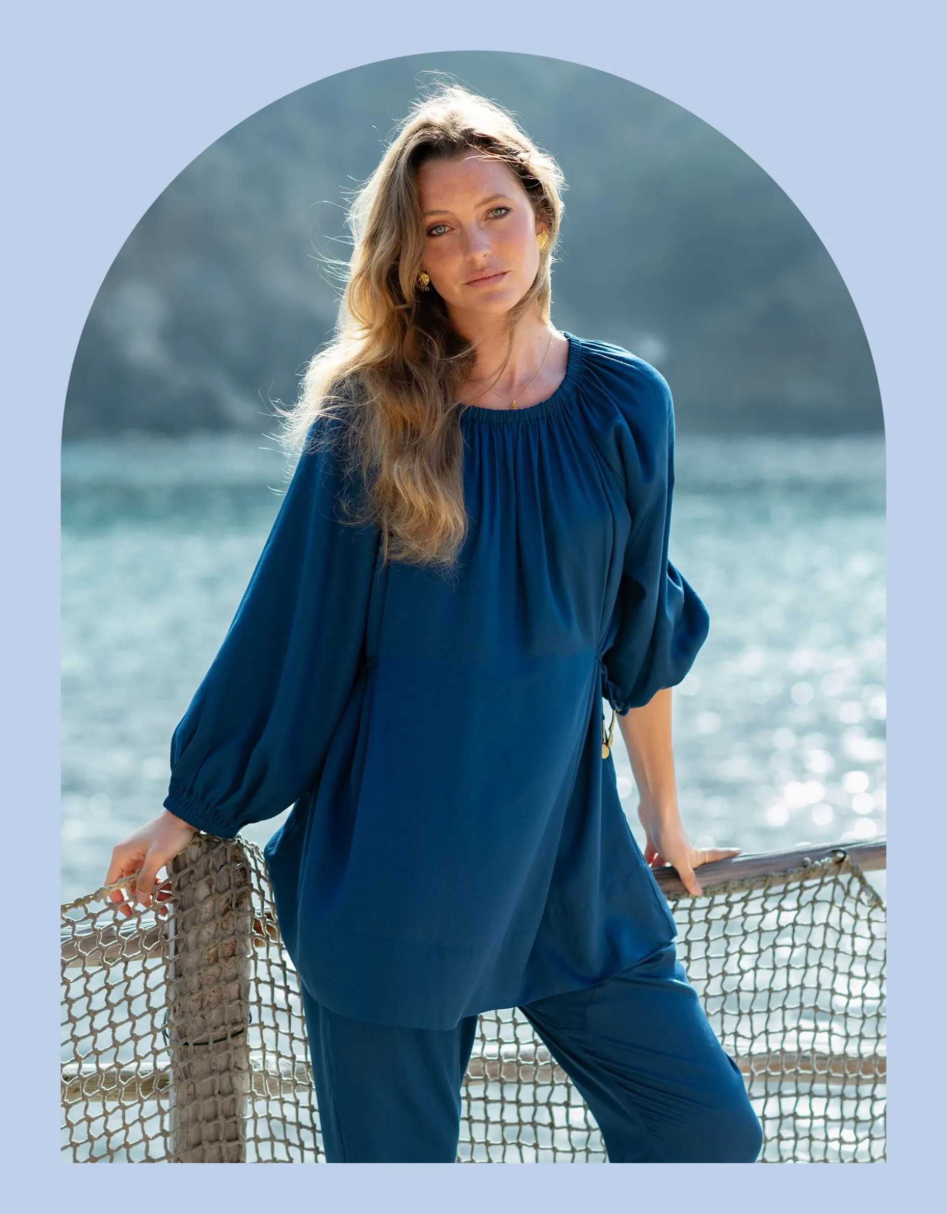 La Galeria Elefante Buddha Balloon Sleeve Top Blue