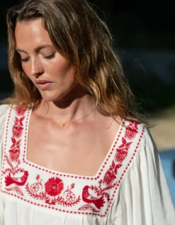 La Galeria Elefante Silver Embroidered Square Neck Top White