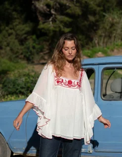 La Galeria Elefante Silver Embroidered Square Neck Top White