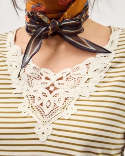 Lauren Lace Stripe Jersey Top Ivory