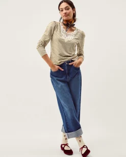 Lauren Lace Stripe Jersey Top Ivory