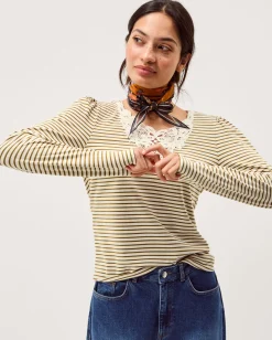Lauren Lace Stripe Jersey Top Ivory