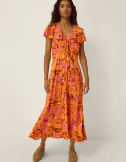 Leila Floral Print Midi Dress Orange