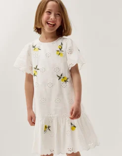 Lemon Embroidered Broderie Dress White