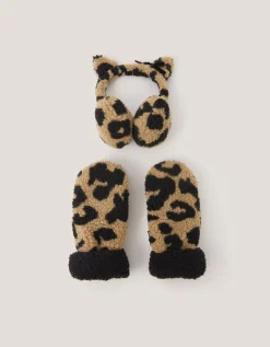Leopard Faux Shearling Earmuff & Mitten Set Multi