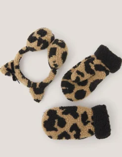 Leopard Faux Shearling Earmuff & Mitten Set Multi