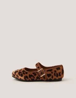Leopard Print Strap Ballet Flats Brown