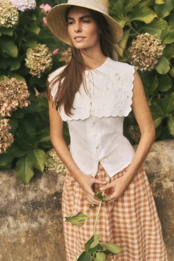 Lexi Sleeveless Embroidered Linen Blend Top Ivory