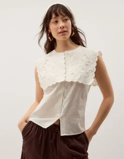 Lexi Sleeveless Embroidered Linen Blend Top Ivory