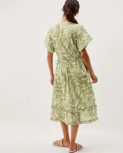 Lillie V-Neck Leaf Print Midi Dress Green