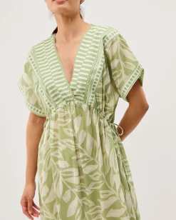 Lillie V-Neck Leaf Print Midi Dress Green