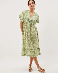 Lillie V-Neck Leaf Print Midi Dress Green