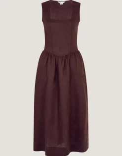 Lily Square Neck Linen Midi Dress Brown