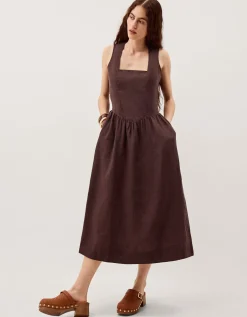 Lily Square Neck Linen Midi Dress Brown