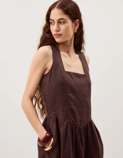 Lily Square Neck Linen Midi Dress Brown