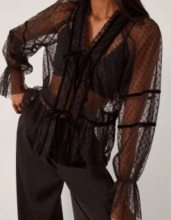 Lina Sheer Polka Dot Lace Blouse Black