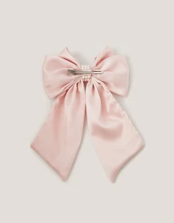Long Pearl Satin Bow Hair Clip Pink
