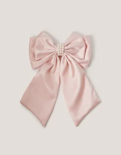 Long Pearl Satin Bow Hair Clip Pink