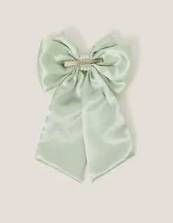 Long Pearl Satin Bow Hair Clip Green
