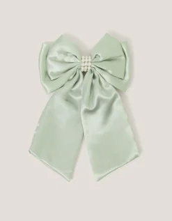 Long Pearl Satin Bow Hair Clip Green
