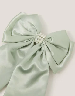 Long Pearl Satin Bow Hair Clip Green