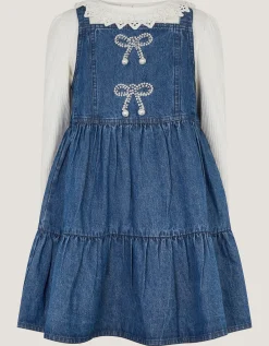Long Sleeve Top & Denim Pinafore Dress Set Blue