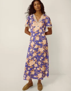Lori Lace Floral Satin Midi Dress Blue