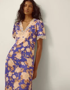 Lori Lace Floral Satin Midi Dress Blue