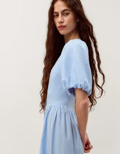 Lottie Puff Sleeve Linen Blend Midi Dress Blue