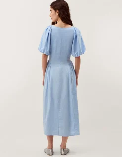 Lottie Puff Sleeve Linen Blend Midi Dress Blue