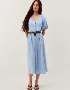Lottie Puff Sleeve Linen Blend Midi Dress Blue