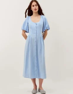 Lottie Puff Sleeve Linen Blend Midi Dress Blue