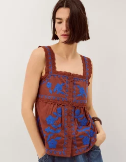 Madison Embroidered Broderie Lace Top Brown