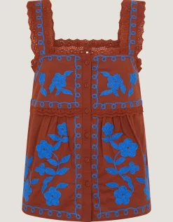 Madison Embroidered Broderie Lace Top Brown