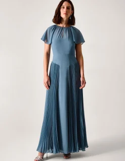 Madison Flutter Sleeve Pleated Bridesmaid Dress Blue