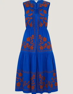 Madison Sleeveless Embroidered Midi Dress Blue