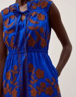 Madison Sleeveless Embroidered Midi Dress Blue