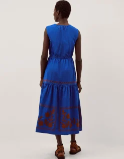 Madison Sleeveless Embroidered Midi Dress Blue